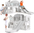 8 in 1 Toddler Slide Indoor Playground, Indoor Slide Toddler Playset for Toddlers 1-3, Kids Outdoor Playground with Basketball Hoop, Climber, Crawling Tunnel, Telescope, Toy Storage