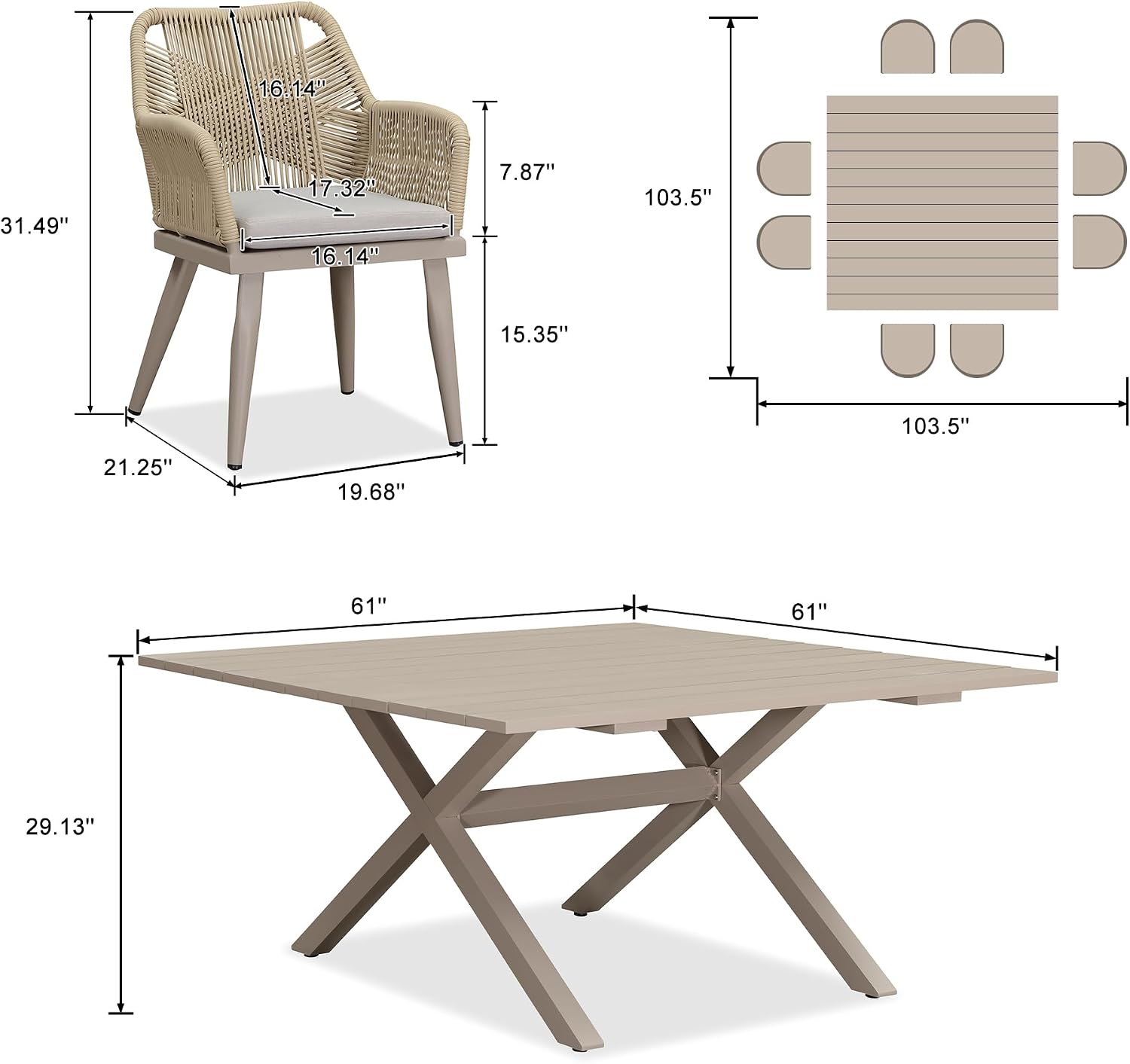 PURPLE LEAF 9 Pieces Outdoor Dining Set All-Weather PE Rattan Outdoor Patio Furniture Set with All Aluminum Frame Square Table and Chairs Set for Lawn Garden Backyard Deck, Champagne