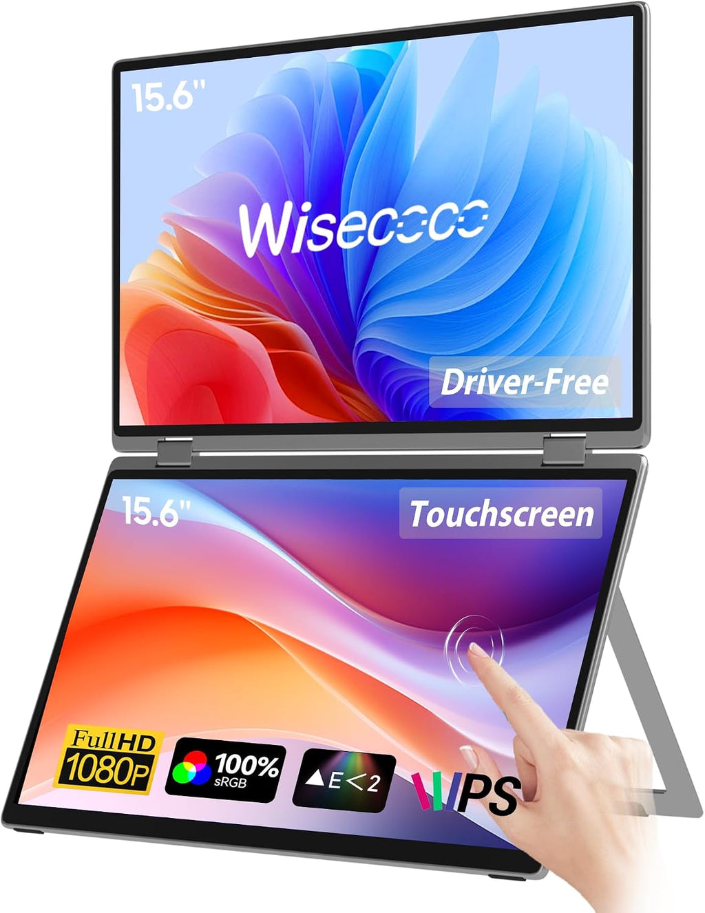 wisecoco 15.6' Dual Screen Touch Portable Monitor for Laptop Screen Extender IPS 1080P 360°Foldable Stacked Display with Kickstand HDMI USB-C for PC Laptop Windows Mac Driver-Free Flip S5+