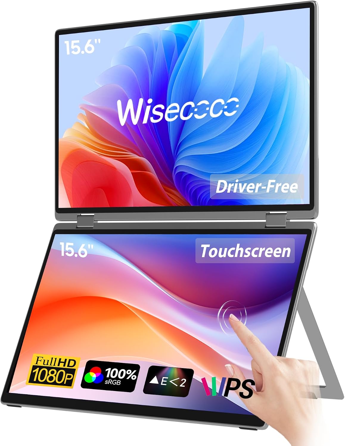 wisecoco 15.6' Dual Screen Touch Portable Monitor for Laptop Screen Extender IPS 1080P 360°Foldable Stacked Display with Kickstand HDMI USB-C for PC Laptop Windows Mac Driver-Free Flip S5+