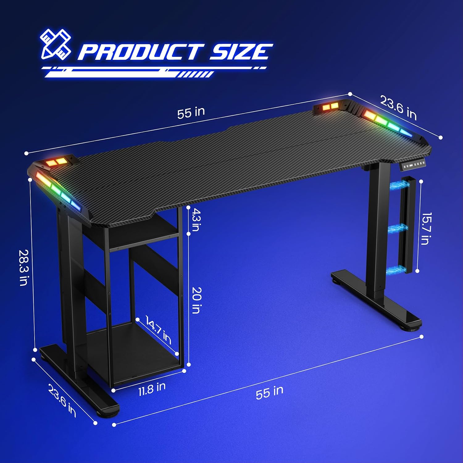 Electric Gaming Desk with LED Lights & Host Shelf, 55' x 24' Gaming Standing Table with Music Sensing APP Control, Underdesk Cable Storage Stand Up Table, Black Carbon Fiber PC Desk for Home Office