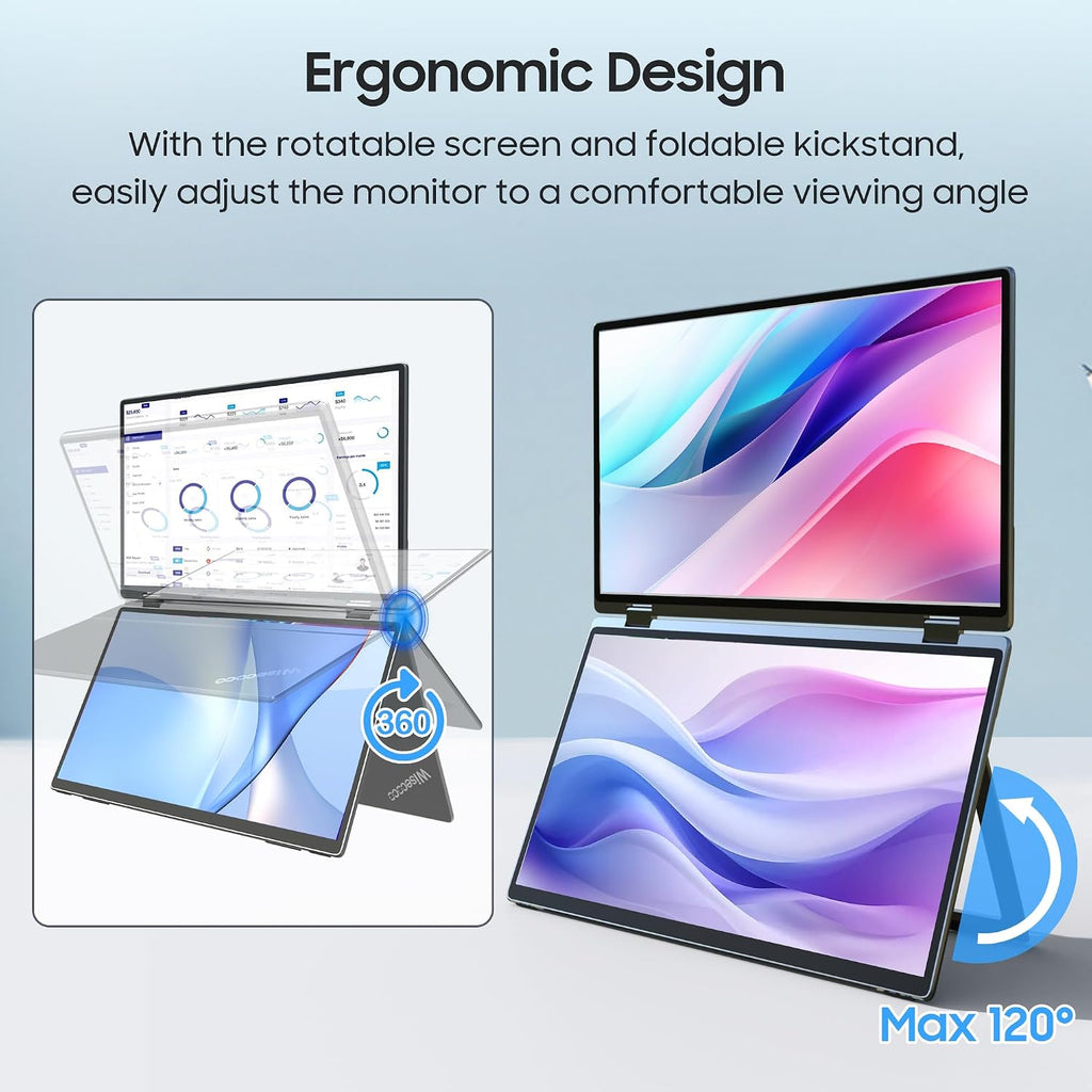wisecoco 15.6' Dual Screen Touch Portable Monitor for Laptop Screen Extender IPS 1080P 360°Foldable Stacked Display with Kickstand HDMI USB-C for PC Laptop Windows Mac Driver-Free Flip S5+