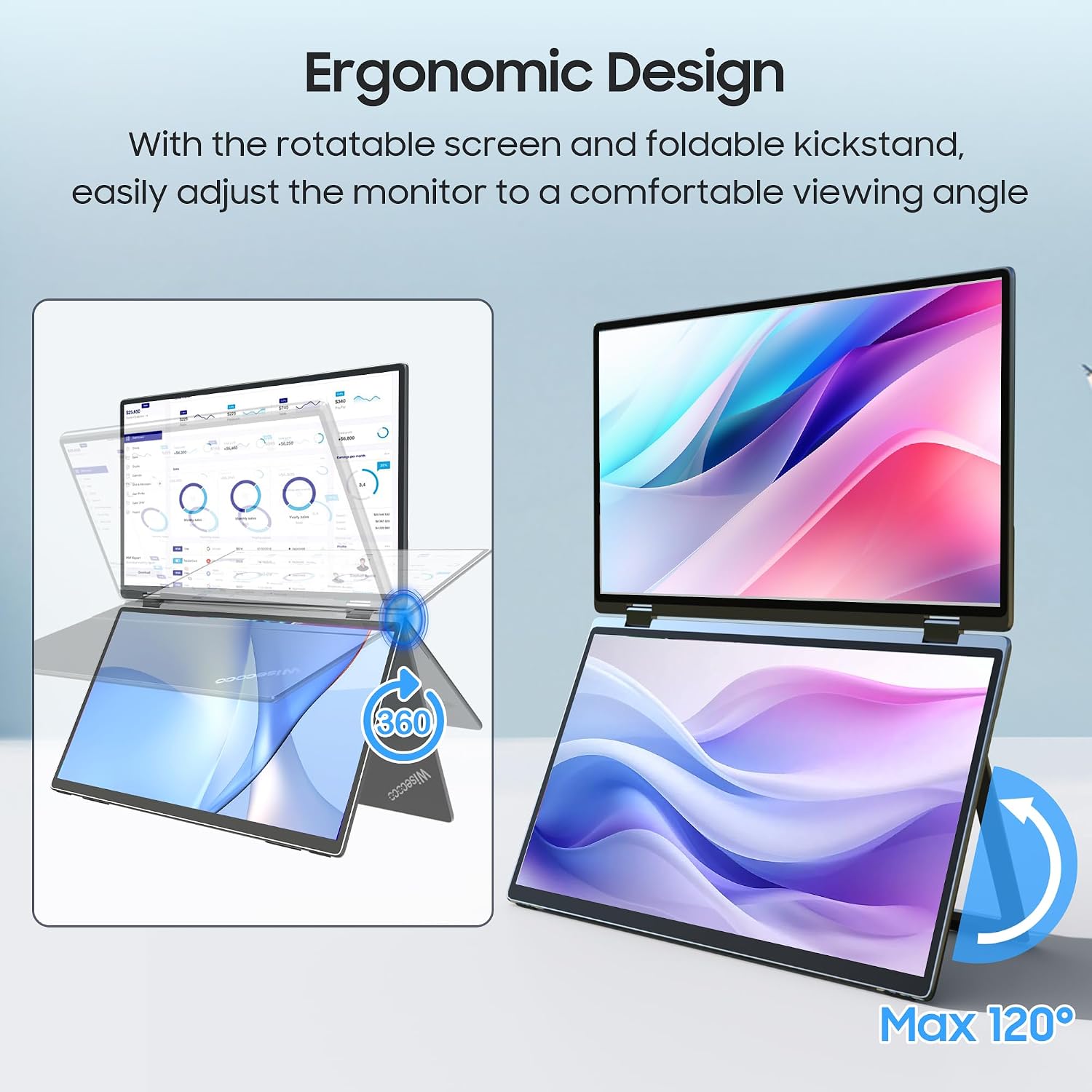 wisecoco 15.6' Dual Screen Touch Portable Monitor for Laptop Screen Extender IPS 1080P 360°Foldable Stacked Display with Kickstand HDMI USB-C for PC Laptop Windows Mac Driver-Free Flip S5+