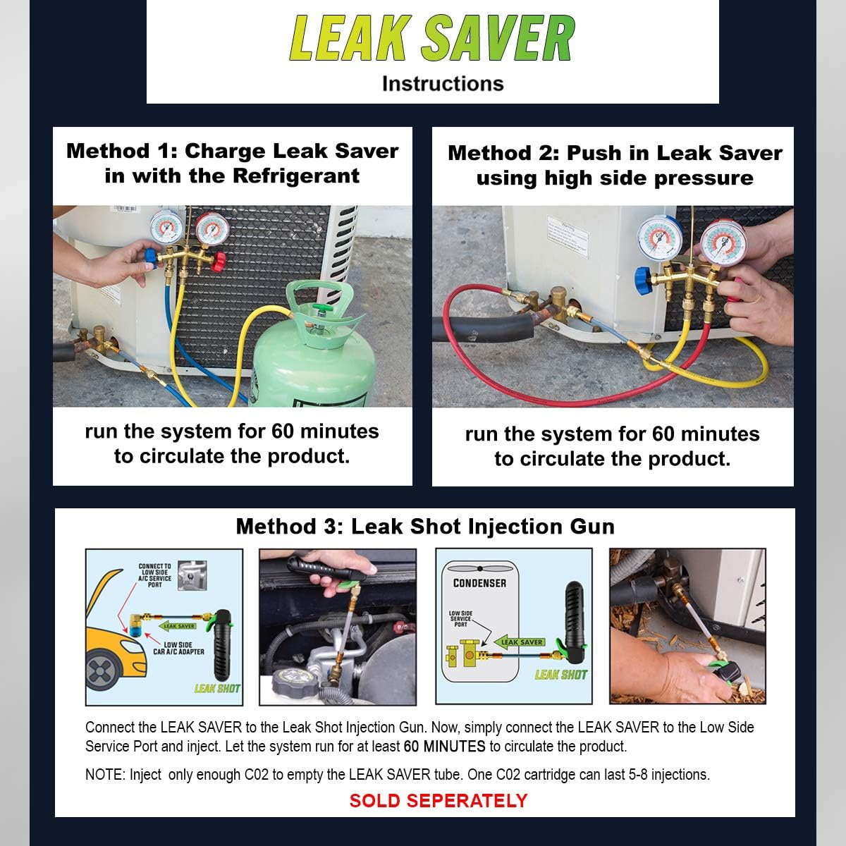 Leak Saver Direct Inject Refrigerant Leak Sealer with UV Dye, 6 Pack - Includes 51 LED UV Light and Protective Glasses