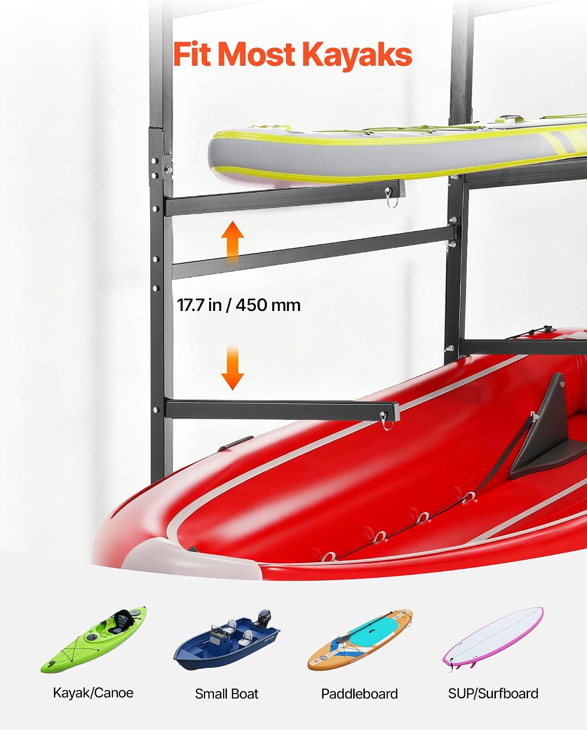 VEVOR Kayak Storage Rack, Heavy Duty Adjustable Freestanding Stand with Lockable Wheels for Indoor Outdoor Garage Shed Dock, Holder for Canoe, SUP, Surfboard & Paddleboard