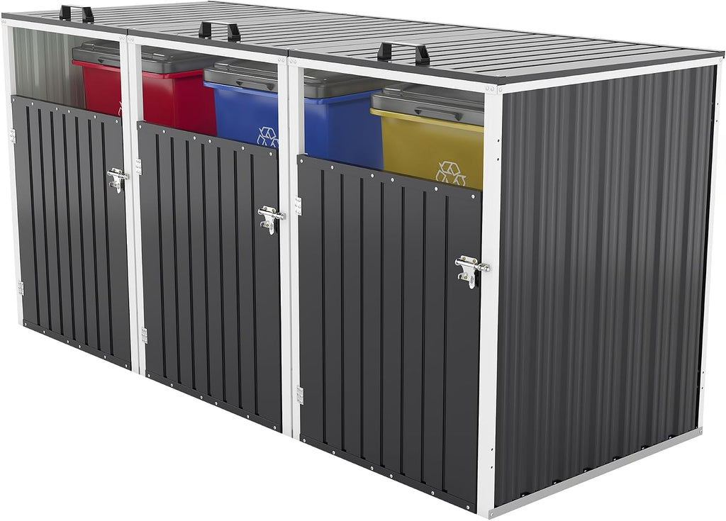 Outdoor Trash Can Storage, Garbage Bin Shed Stores 3 Trash Cans with Pneumatic Support Rod & Lockable Doors, Metal Outdoor Storage Shed for Garbage Cans, Garden, Backyard, and Patio, Grey