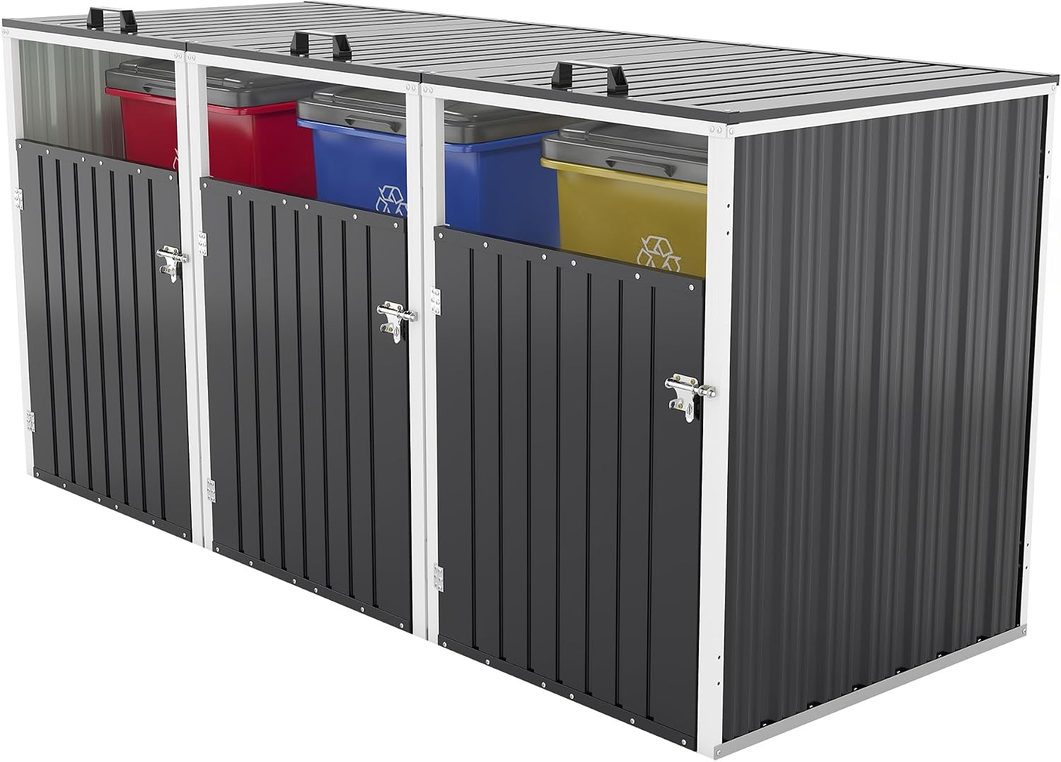 Outdoor Trash Can Storage, Garbage Bin Shed Stores 3 Trash Cans with Pneumatic Support Rod & Lockable Doors, Metal Outdoor Storage Shed for Garbage Cans, Garden, Backyard, and Patio, Grey