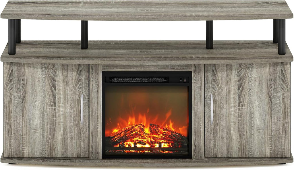 Furinno Jensen Fireplace TV Stand, Entertainment Center, TV Console for TV up to 55 Inch with Fireplace and Doors Storage Cabinet, for Living Room, Bedroom, French Oak Grey