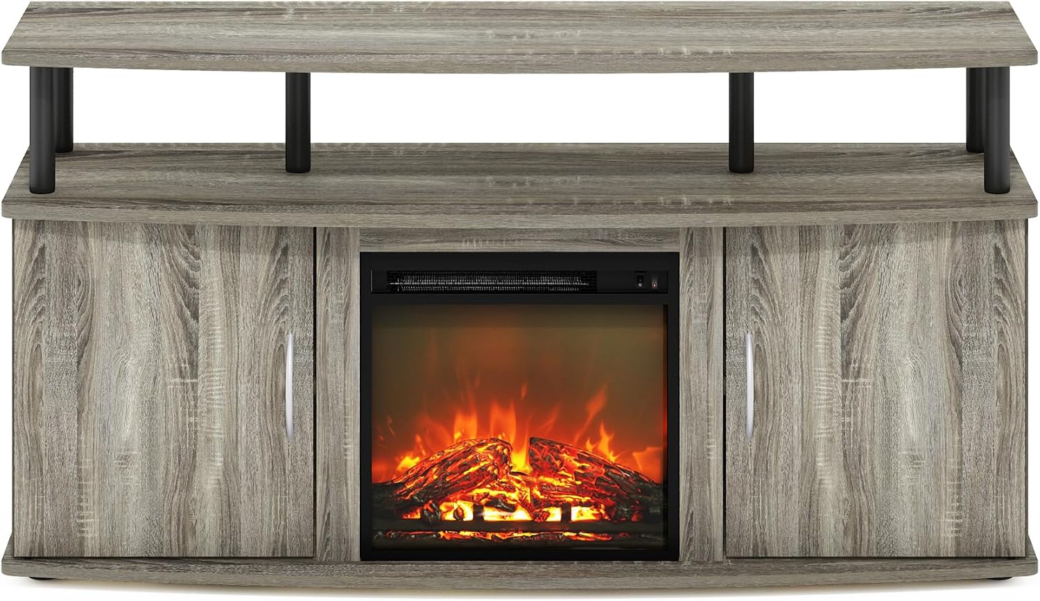 Furinno Jensen Fireplace TV Stand, Entertainment Center, TV Console for TV up to 55 Inch with Fireplace and Doors Storage Cabinet, for Living Room, Bedroom, French Oak Grey