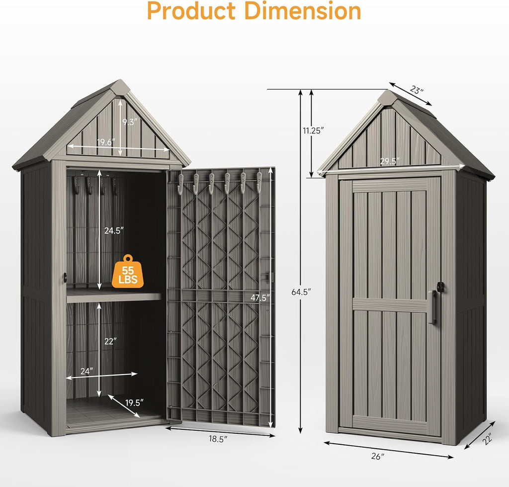 Outdoor Resin Storage Shed, Outdoor Storage Cabinet Waterproof with Hooks and Lock Ring, Multifunctional Storage Shed with Floor and Removable Shelves, All Weather Tool Shed for Patio, Lawn, Brown