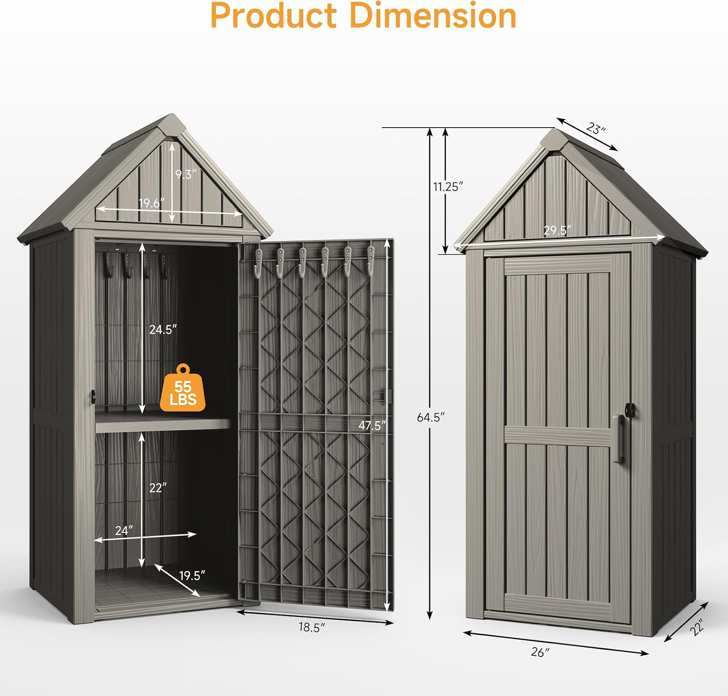 Outdoor Resin Storage Shed, Outdoor Storage Cabinet Waterproof with Hooks and Lock Ring, Multifunctional Storage Shed with Floor and Removable Shelves, All Weather Tool Shed for Patio, Lawn, Brown