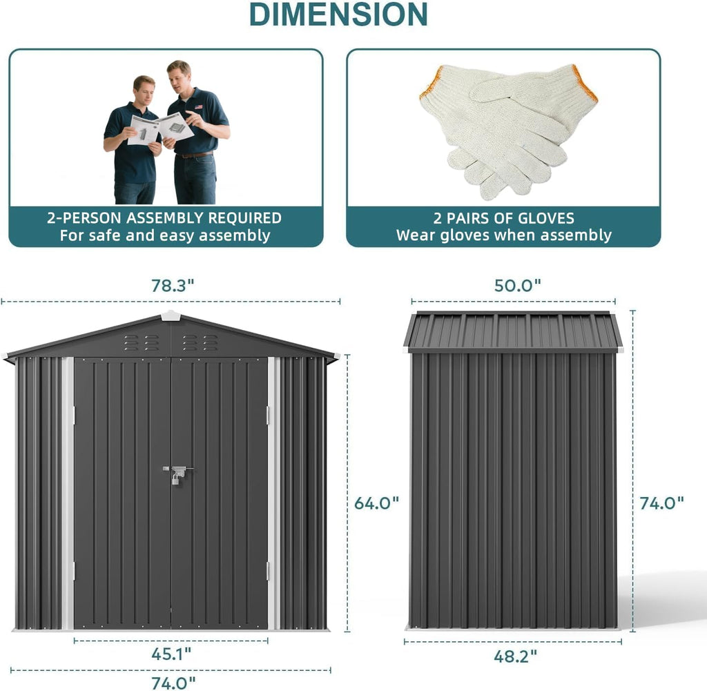 Gizoon Outdoor Storage Shed 6 x 4 FT, Galvanized Metal Garden Shed with Double Lockable Doors, Outdoor Storage Clearance for Backyard Patio Lawn-Dark Grey