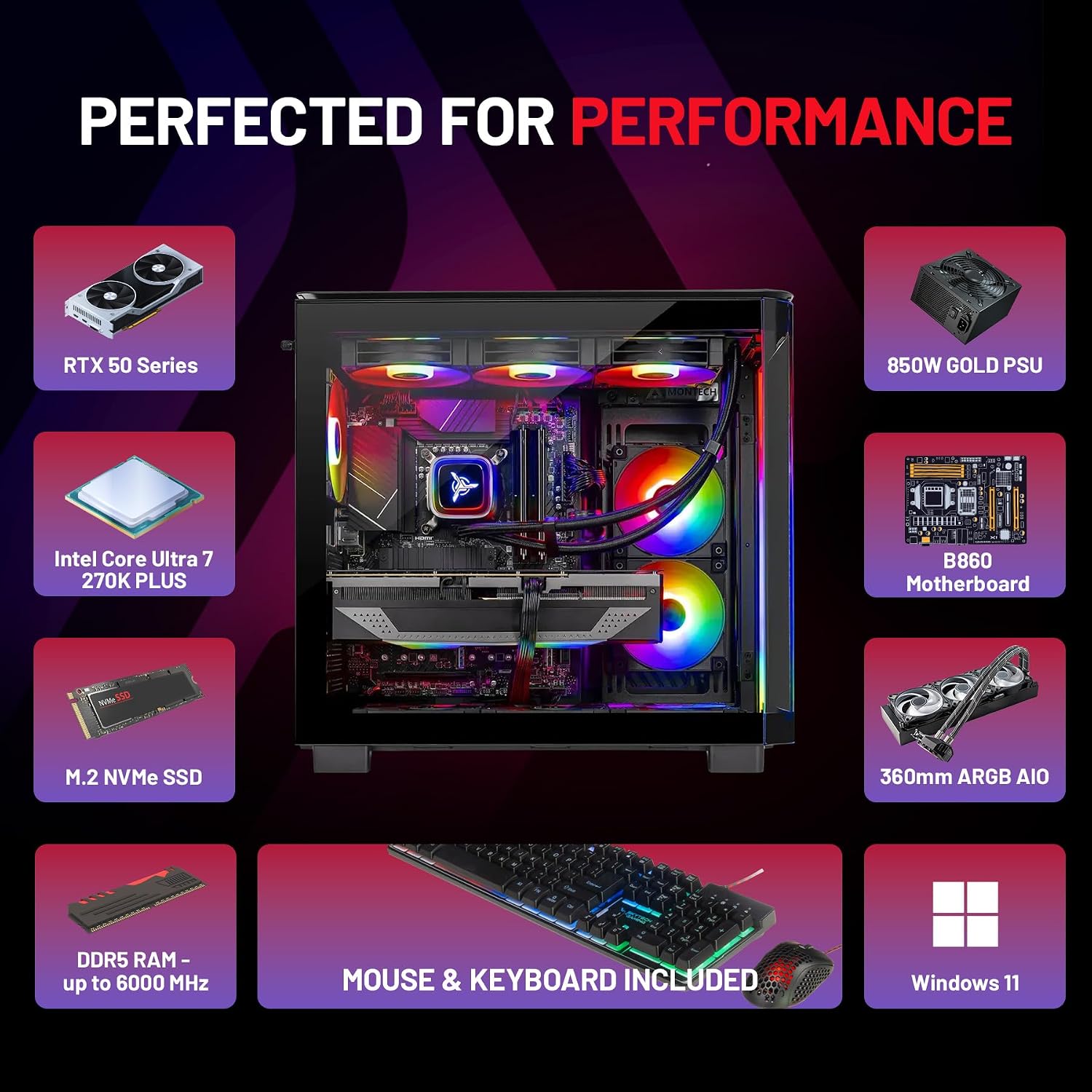 Skytech Gaming Legacy 4 Gaming PC, Intel Ultra 7 270K Plus 5.4GHz, NVIDIA RTX 5080 16GB VRAM, 1TB Gen4 NVMe SSD, 32GB DDR5 RAM 6000, 850W Gold ATX 3 PSU, 360 ARGB AIO, WI-FI 6, Windows 11, Desktop