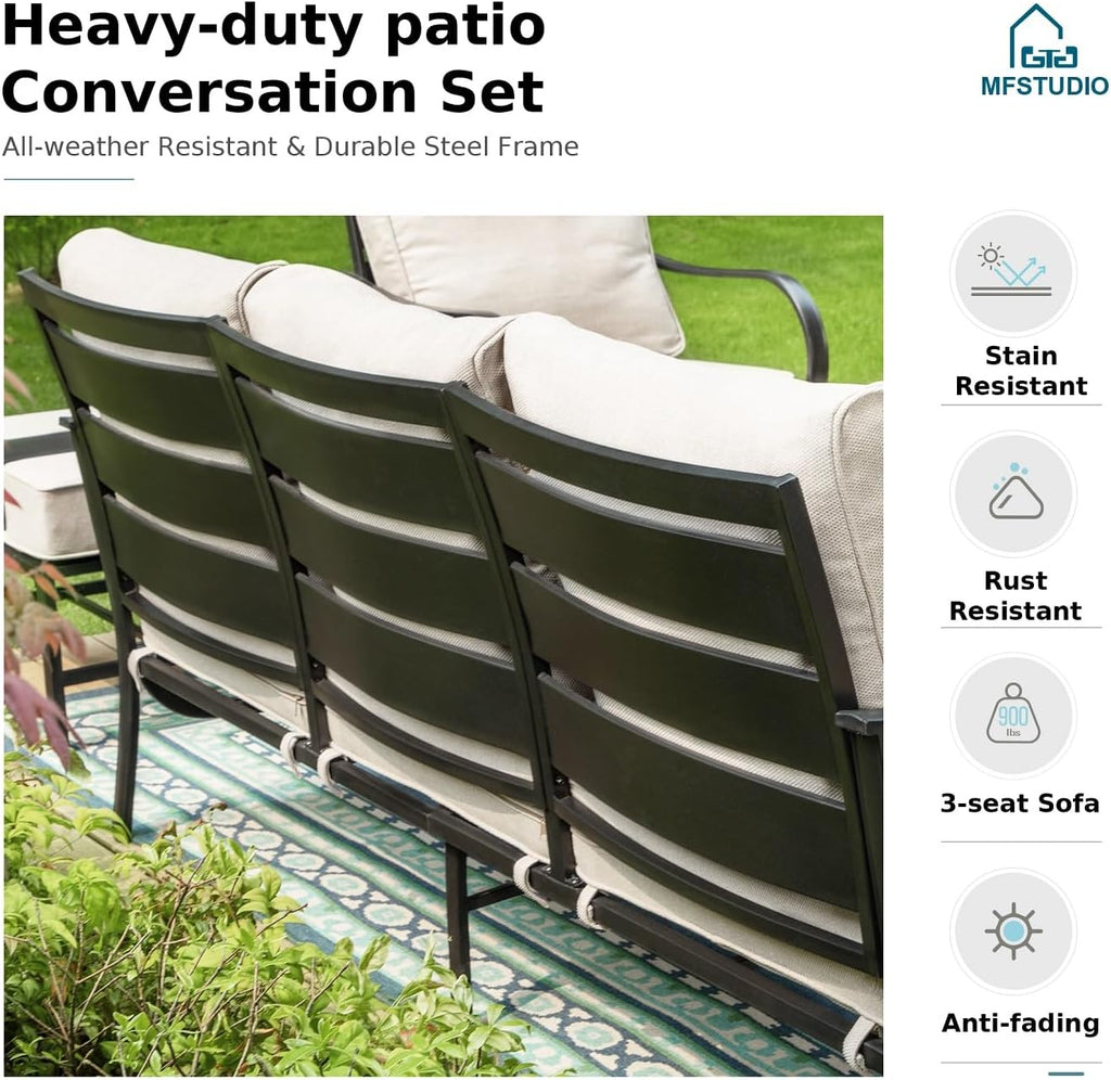 MFSTUDIO 7 Pieces Metal Patio Furniture Sets, 2 Swivel Chairs, 3-Seat Deep Seating Sofa, 2 Single Couch and 2 Ottoman, All Weather 9 Seats Outdoor Conversation Set for Garden Backyard，Beige Cushion