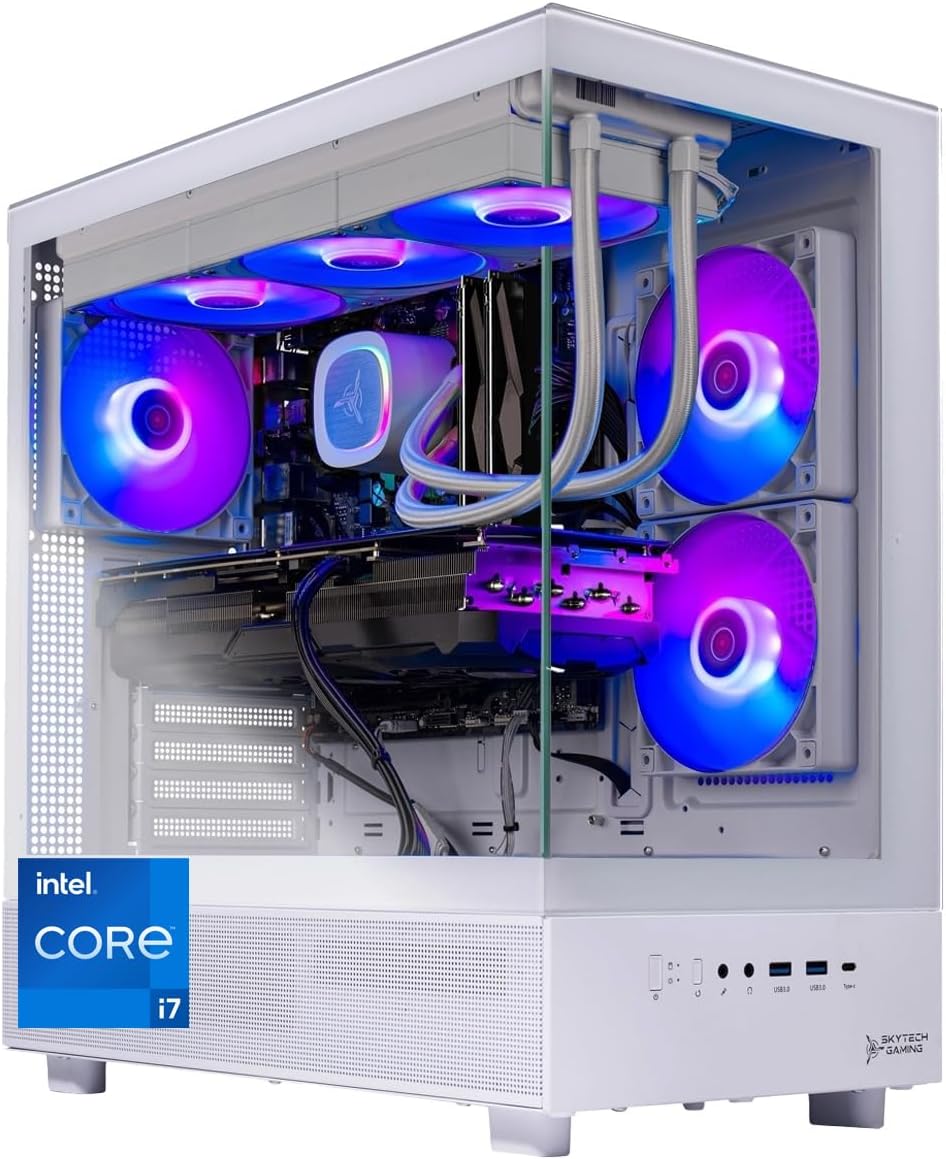 Skytech Gaming Azure 3 Desktop PC, Intel i7 14700F 2.1 GHz (5.3GHz Turbo), NVIDIA RTX 5070 12GB, 1TB Gen4 NVMe SSD, 32GB DDR5 RAM 5200 RGB, 850W Gold ATX 3 PSU, 360mm ARGB AIO, Wi-Fi, Win 11