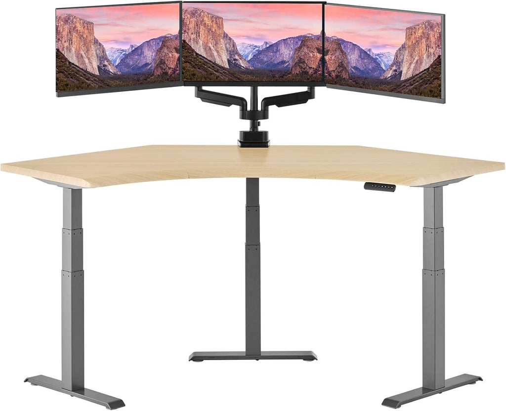 Vari Command Center Electric Standing Desk – 120° Curved Sit-Stand Gaming Desk Corner Workstation for Triple Monitors + Sloped Front Edge, 4 Height Settings, 200 lb Capacity (Light Wood/Slate)