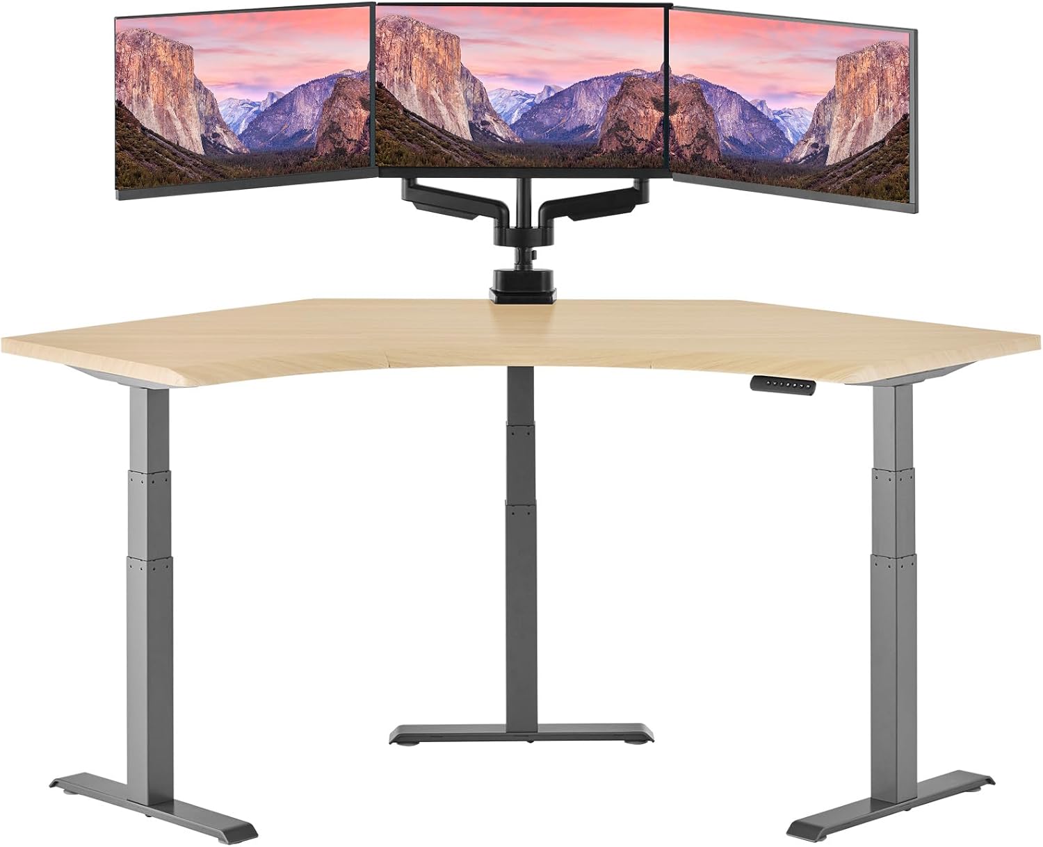 Vari Command Center Electric Standing Desk – 120° Curved Sit-Stand Gaming Desk Corner Workstation for Triple Monitors + Sloped Front Edge, 4 Height Settings, 200 lb Capacity (Light Wood/Slate)