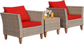 Tangkula 3 Piece Patio Furniture Set, Outdoor Wicker Rattan Bistro Sofa Set w/Washable Cushion, Acacia Wood Top Coffee Table, Conversation Set w/Adjustable Feet for Balcony Backyard Porch (Red)