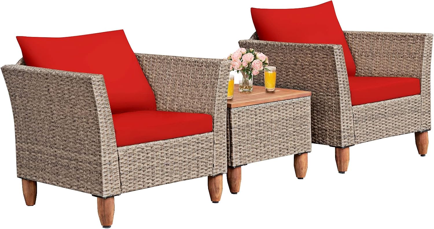 Tangkula 3 Piece Patio Furniture Set, Outdoor Wicker Rattan Bistro Sofa Set w/Washable Cushion, Acacia Wood Top Coffee Table, Conversation Set w/Adjustable Feet for Balcony Backyard Porch (Red)