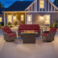 Belord Luxury Wicker Patio Furniture Set with 41' Fire Pit Table - Swivel Rocker Glider Outdoor Chairs with Sofa and Glass Top Side Table, All-Weather Removable 6' Red Seat Cushion for Patio Evenings