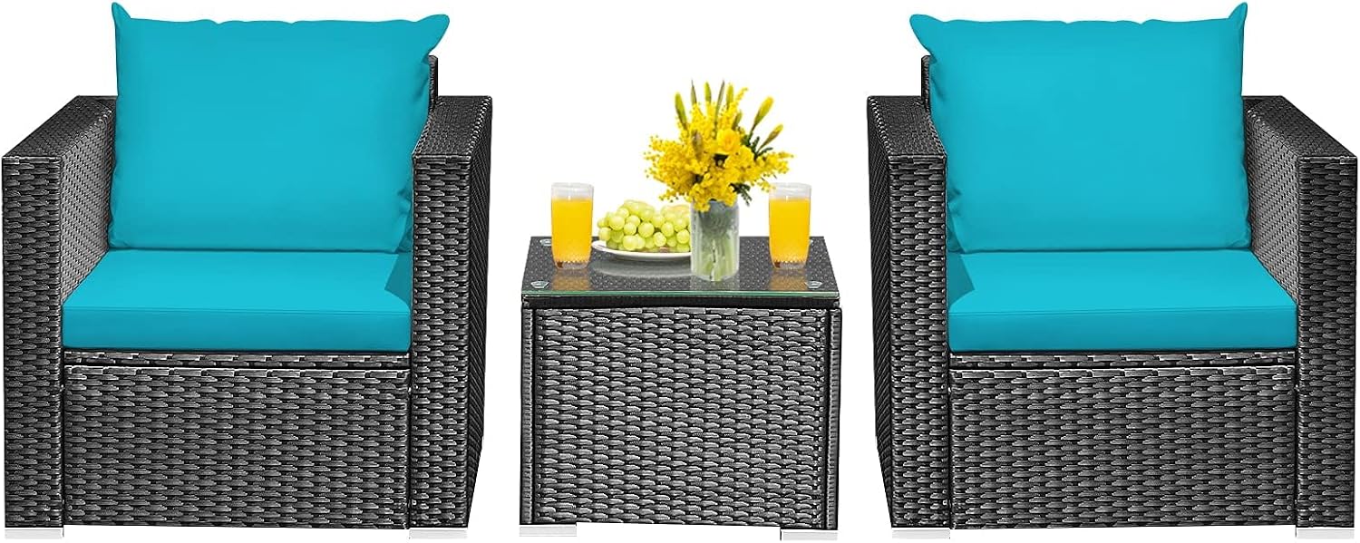 HAPPYGRILL 3 Pieces Rattan Patio Conversation Set, PE Wicker Patio Furniture Set with Coffee Table and Cushions, Outdoor Sofa Set for Garden Balcony Porch Poolside