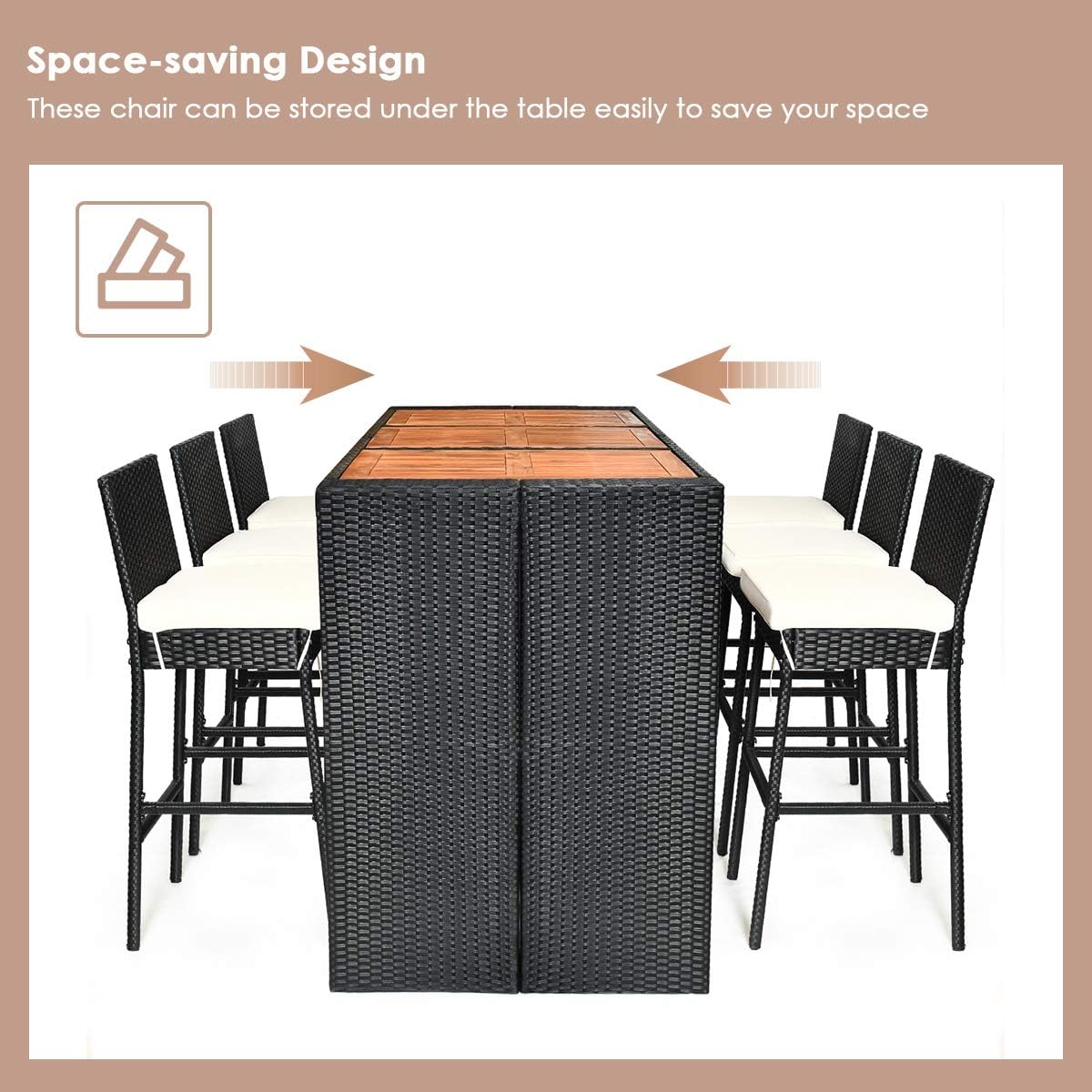 Tangkula 7 PCS Outdoor Wicker Furniture with Acacia Wood Bar Table Top and Removable Cushion, Conversation Set for Dining, Patios, Backyards, Porches, Gardens and Poolside (Black)