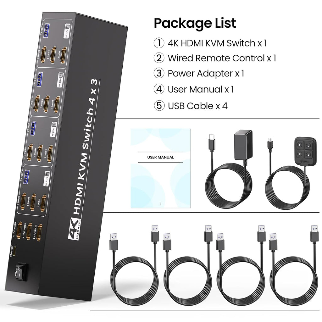 USB 3.0 Three Monitor HDMI KVM Switch, 4K60Hz 4 Port HDMI KVM Switch 3 Monitors 4 Computers, 4 PC Share 1 Set of Keyboard, Mouse, 3 Monitors and 4 USB 3.0 Ports