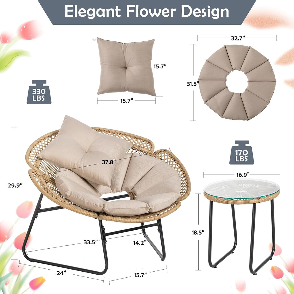 3 Pieces Rattan Bistro Set, Flower-Shaped Wicker Patio Furniture Set with Cushion & Pillow, Bistro Table and Chairs Set of 2 with Glass Top Table Adjustable Foot Pads in Balcony, Apartment