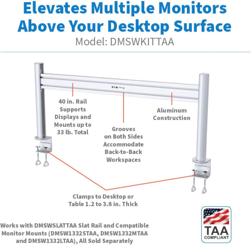 Tripp Lite Eaton DMSWKITTAA Multi-Monitor Mount Stand, Horizontal Track System, Desk Clamp Mount with Slat Wall Rail, Dual-Sided, VESA Compliant up to 32' Displays, TAA Compliant, 5-Year Warranty