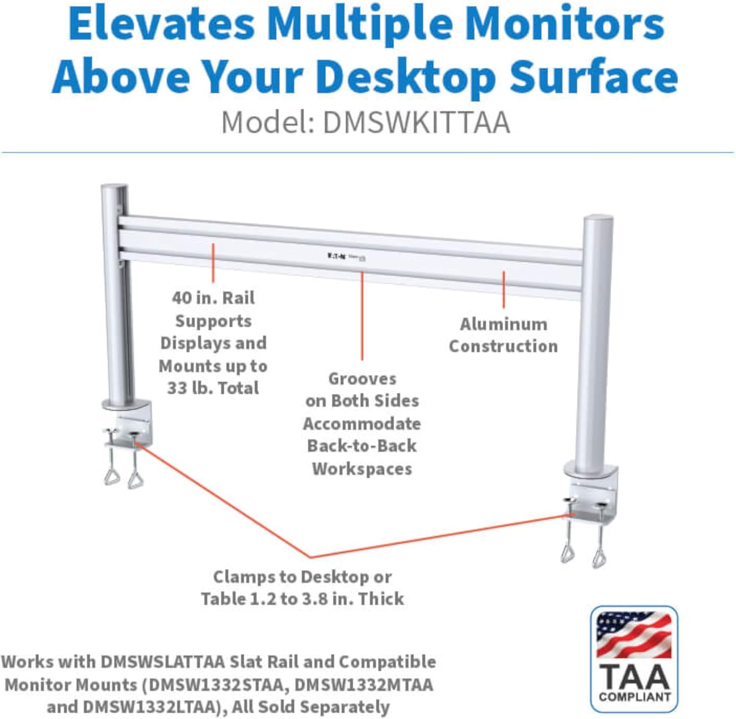 Tripp Lite Eaton DMSWKITTAA Multi-Monitor Mount Stand, Horizontal Track System, Desk Clamp Mount with Slat Wall Rail, Dual-Sided, VESA Compliant up to 32' Displays, TAA Compliant, 5-Year Warranty