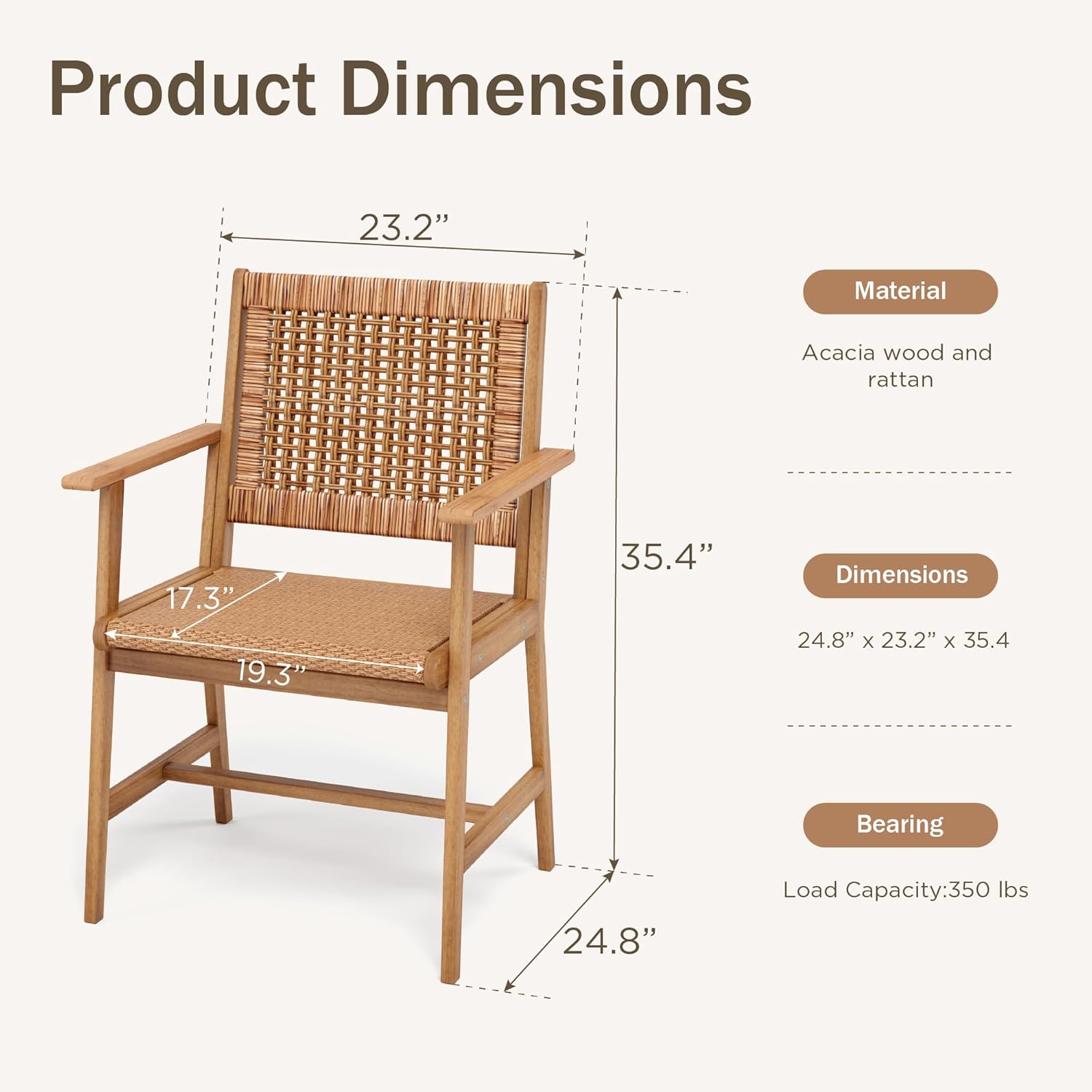 PHI VILLA Outdoor Acacia Wood Dining Chairs Set of 2, Armchairs with Strong Wicker Back & Seat, Farmhouse Style Teak Patio Deck Yard Balcony Garden Furniture