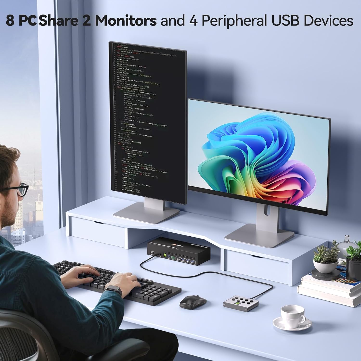 8 Port DisplayPort KVM Switch 4K@60Hz EDID Simulation, USB 3.0 DP KVM Switch for 8 Computers Share 1 Monitor and 4 USB Devices, Audio RS232,Wired Remote, 12V Power Supply & 8 USB Cables Included