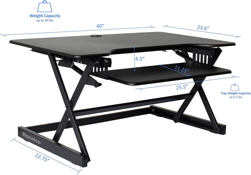 Rocelco 40' Large Height Adjustable Standing Desk Converter - Quick Sit Stand Up Dual Monitor Riser - Gas Spring Assist Computer Workstation - Retractable Keyboard Tray - Black (R DADRB-40)