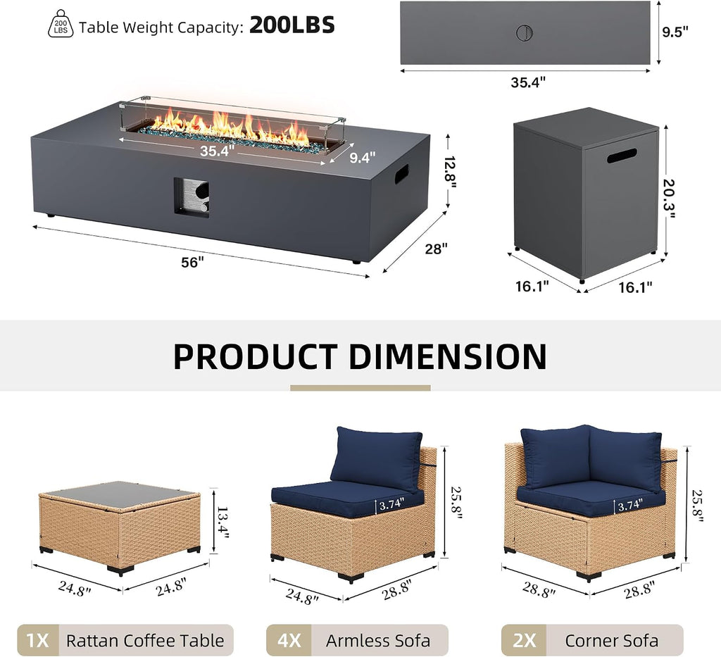 UPHA 9 Pieces Patio Furniture Sets, Wicker Outdoor Sectional Sofa Couch with Rectangle Propane Pit for Deck Backyard Garden, Beige Rattan, Navy Blue Cushion