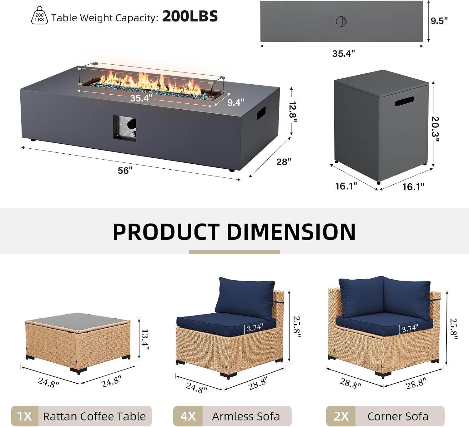 UPHA 9 Pieces Patio Furniture Sets, Wicker Outdoor Sectional Sofa Couch with Rectangle Propane Pit for Deck Backyard Garden, Beige Rattan, Navy Blue Cushion