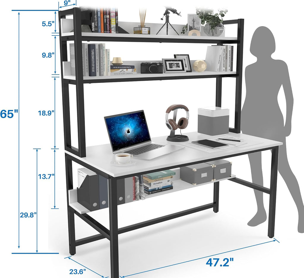 Aquzee Computer Desk with Shelves, 47' W x 23.6' D Gaming Desk with Hutch and Bookshelf, White Study Table for Bedroom Space Saving with 3 Tier Storage Shelf, Home Office Desk for Writing Work