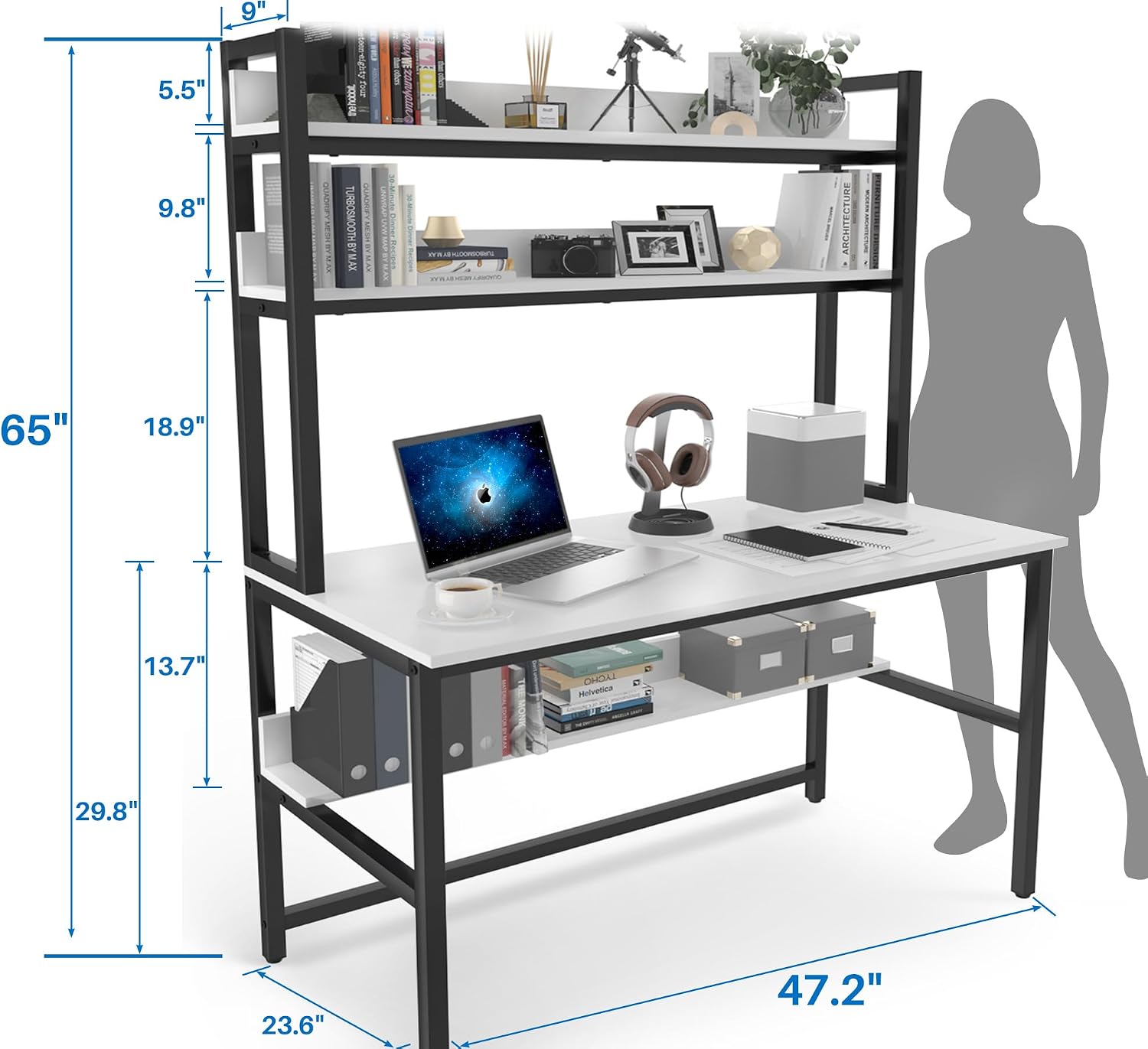 Aquzee Computer Desk with Shelves, 47' W x 23.6' D Gaming Desk with Hutch and Bookshelf, White Study Table for Bedroom Space Saving with 3 Tier Storage Shelf, Home Office Desk for Writing Work