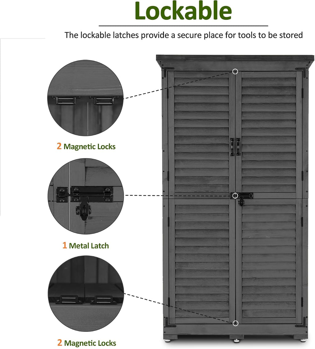 MCombo Outdoor Storage Cabinet, Garden Storage Shed, Outside Vertical Shed with Lockers, Outdoor 63 Inches Wood Tall Cabinet for Yard and Patio 0870 (Grey)