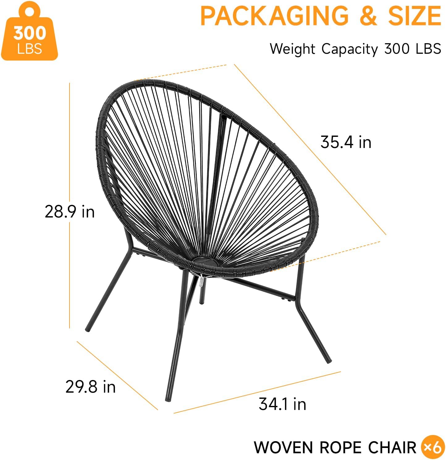 ONBRILL 6-Piece Outdoor Acapulco Chairs Set, Modern Patio Furniture Set, PE Rattan Bistro Set with Steel Frame for Balcony, Lawn, Porch and Garden, Black