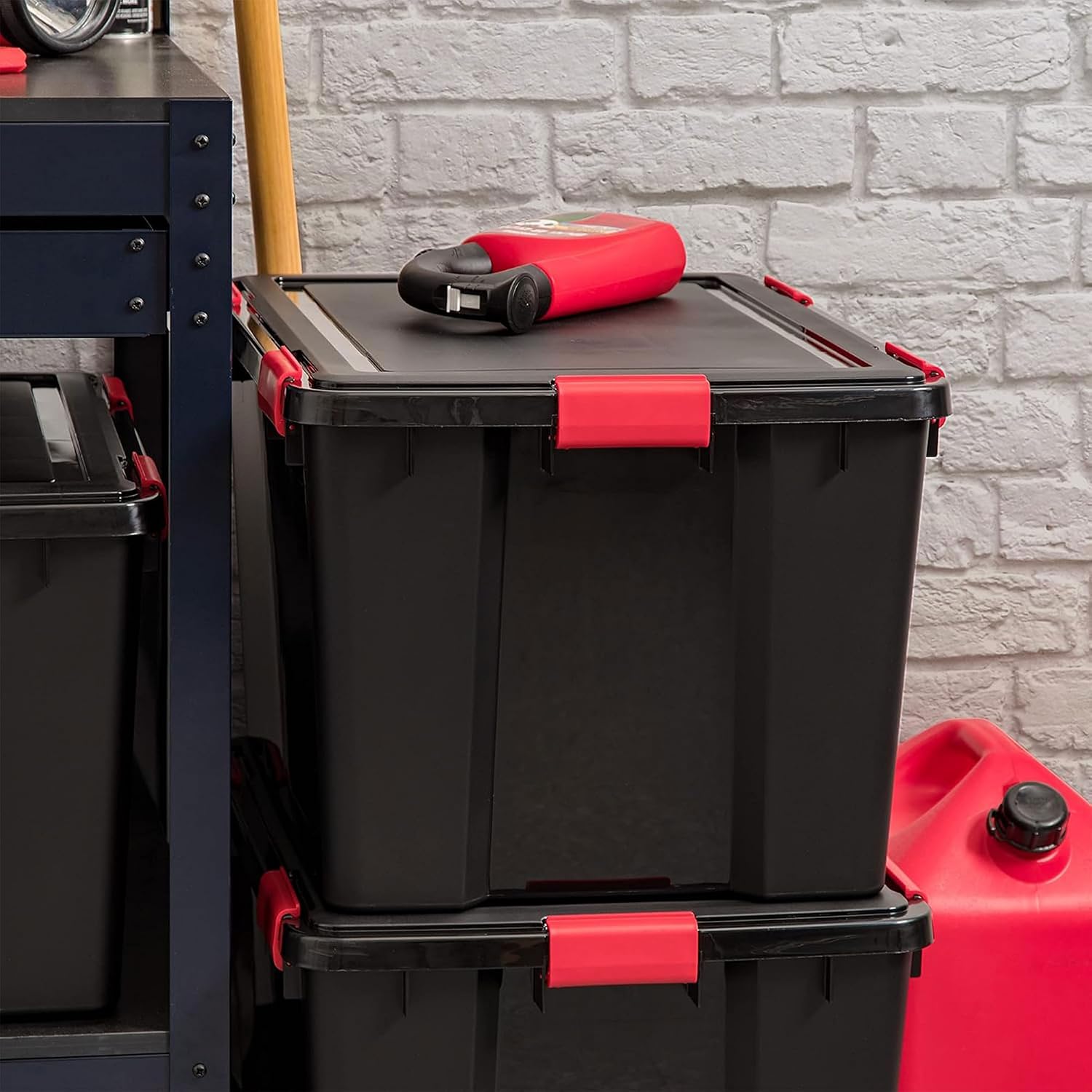 IRIS USA WeatherPro 74 Qt Storage Bins with Lids, 6 Pack, BPA-Free Plastic Gasket Box with Tight Latch and Seal, Stackable Nestable Tote Tub - Black/Red