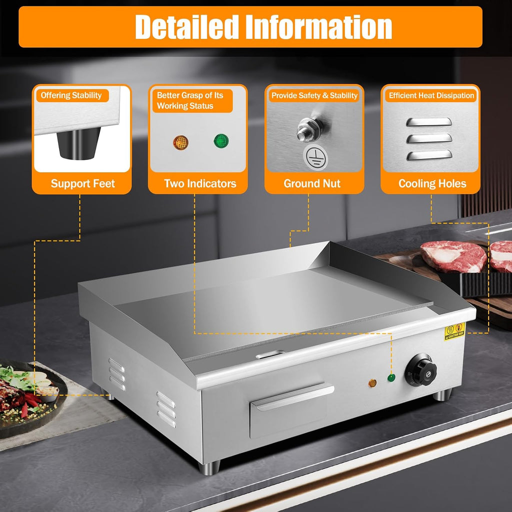22' 3000W Commercial Countertop Electric Grill Pan, Flat Bottom Grill, Stainless Steel Hot Plate Grill, Adjustable Thermostat Control Restaurant Grill