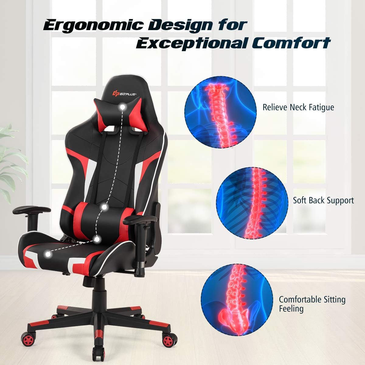POWERSTONE Gaming Chair - Office Computer Gaming Racing Chair with Lumbar Massager Support PU Leather Adjustable Arms Headrest High-Back Recliner Ergonomic Rolling Swivel (Red)