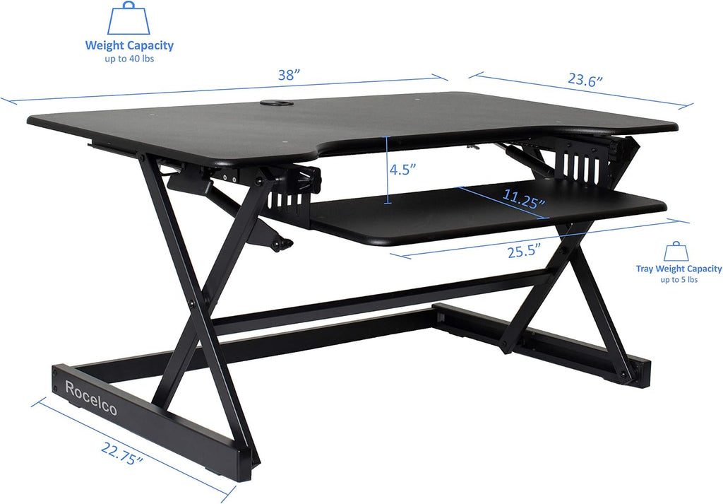 Rocelco 38' Large Height Adjustable Standing Desk Converter - Quick Sit Stand Up Dual Monitor Riser - Gas Spring Assist Tabletop Computer Workstation - Retractable Keyboard Tray - Black (R DADRB-38)