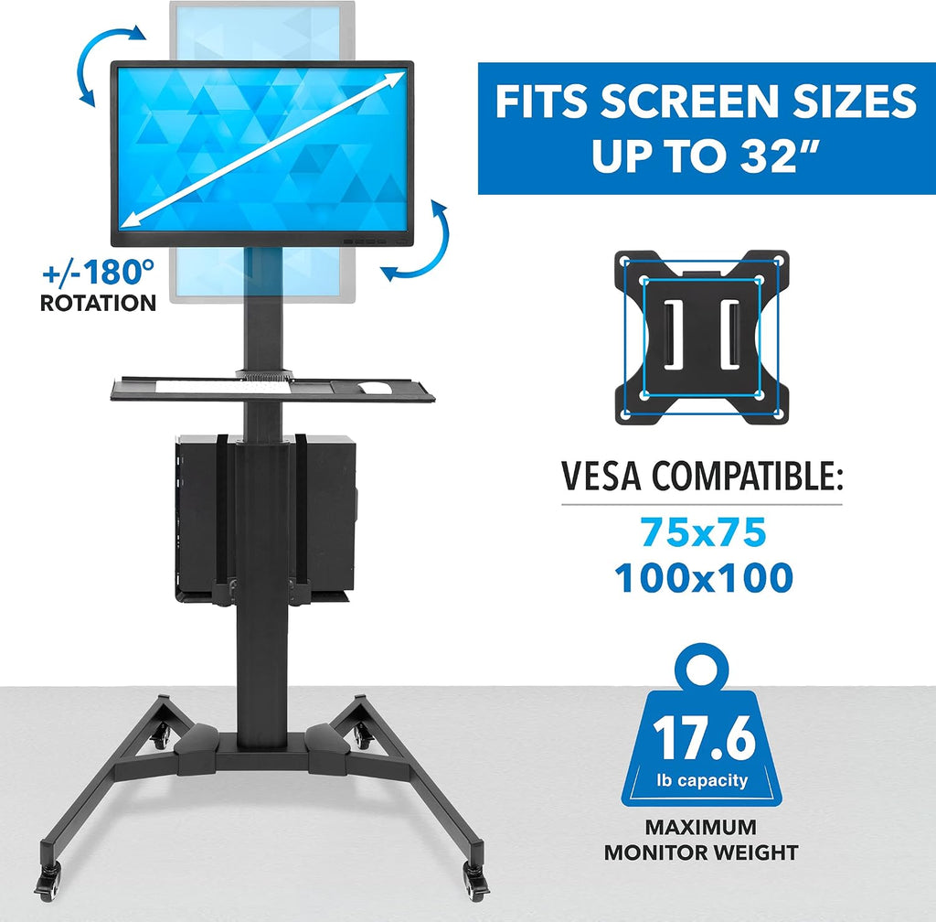 Mount-It! Computer Cart Mobile Desk Workstation with Monitor Mount for Screen up to 32', Rolling Computer Desk PC Cart, Keyboard & Mouse Tray, Rolling Stand with Adjustable CPU Holder, 63.5' Tall