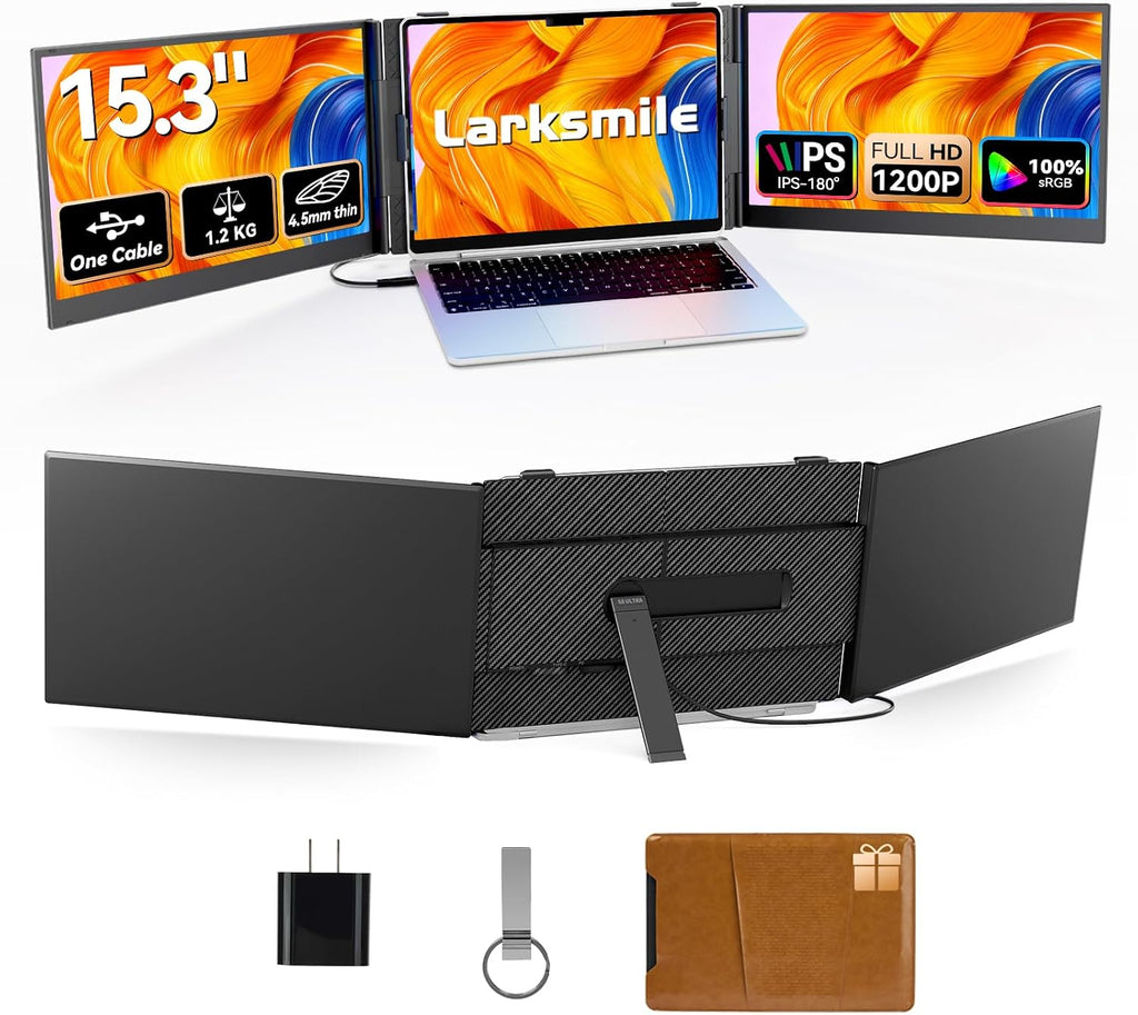 Triple Laptop Screen Extender, One Cable Setup 15.3' Portable Monitor for Laptop, 16:10 FHD 1200P Triple Monitor, 100% sRGB Ultra Light External Display for Mac Windows Business Travel
