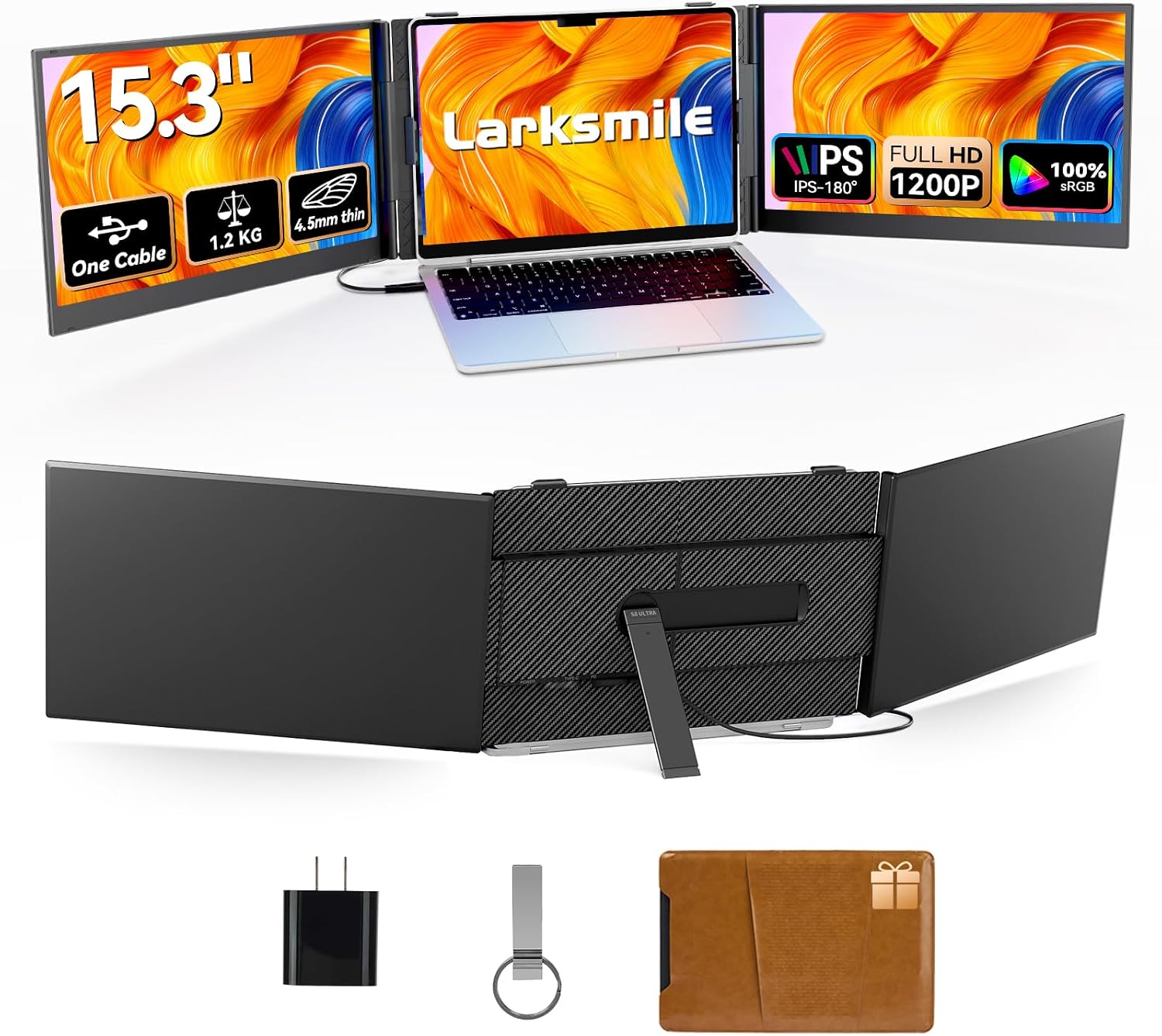 Triple Laptop Screen Extender, One Cable Setup 15.3' Portable Monitor for Laptop, 16:10 FHD 1200P Triple Monitor, 100% sRGB Ultra Light External Display for Mac Windows Business Travel