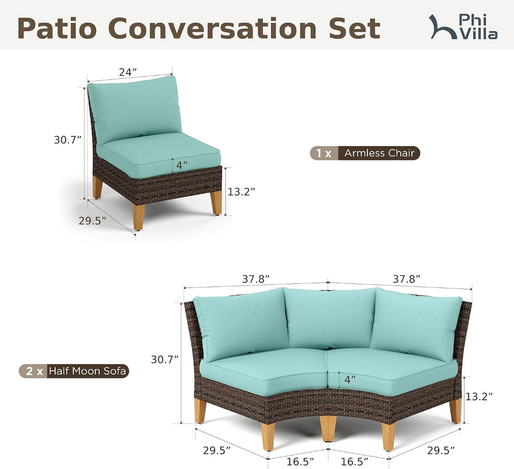 PHI VILLA 3-Piece Half-Moon Patio Furniture Set, Outdoor Curved Sectional Sofa Conversation Set with Cushions, Wicker Modular Couch for Garden, Deck, Backyard, Aqua Blue