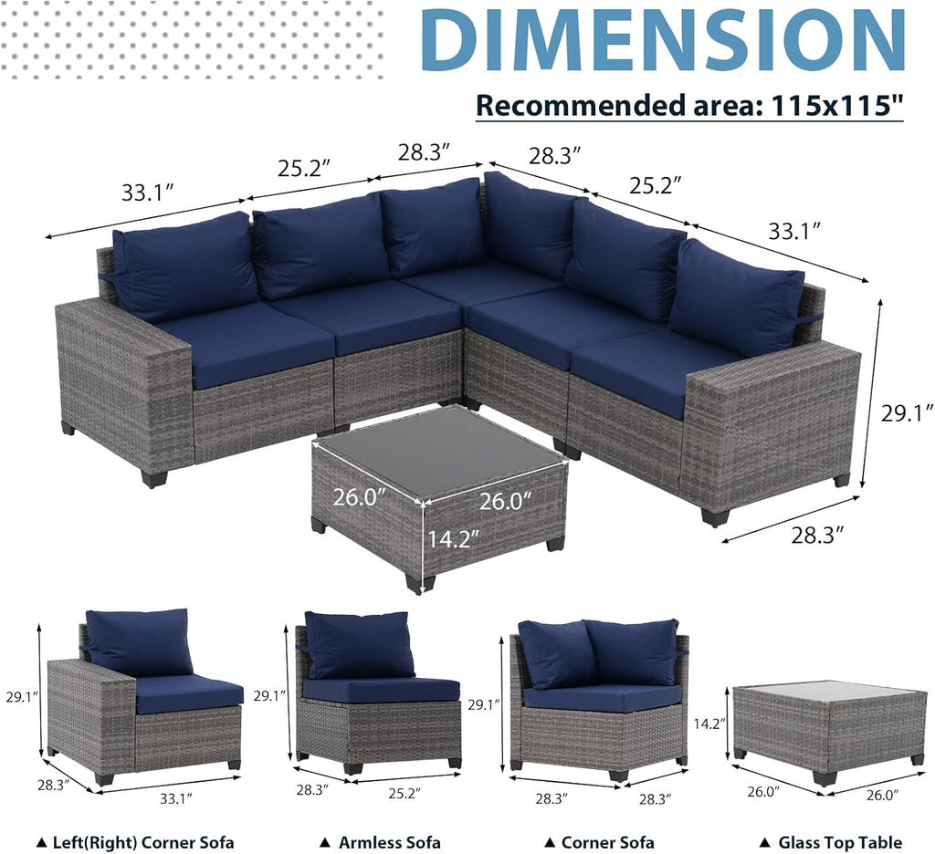 JOIVI 6 Pieces Outdoor Patio Furniture Set, Rattan Patio Sectional Sofa Conversation Set with Coffee Table, PE Wicker L-Shaped Sofa Set with Cushions for Garden, Backyard, Deck, Navy Blue