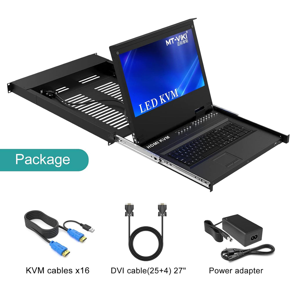 MT-VIKI® Rack Mount KVM HDMI with 17.3'' LCD Monitor, 1080P Support OSD/Hotkey, Included 16 KVM Cables+Keyboard + Touchpad, Fit 1U 19'' Rack