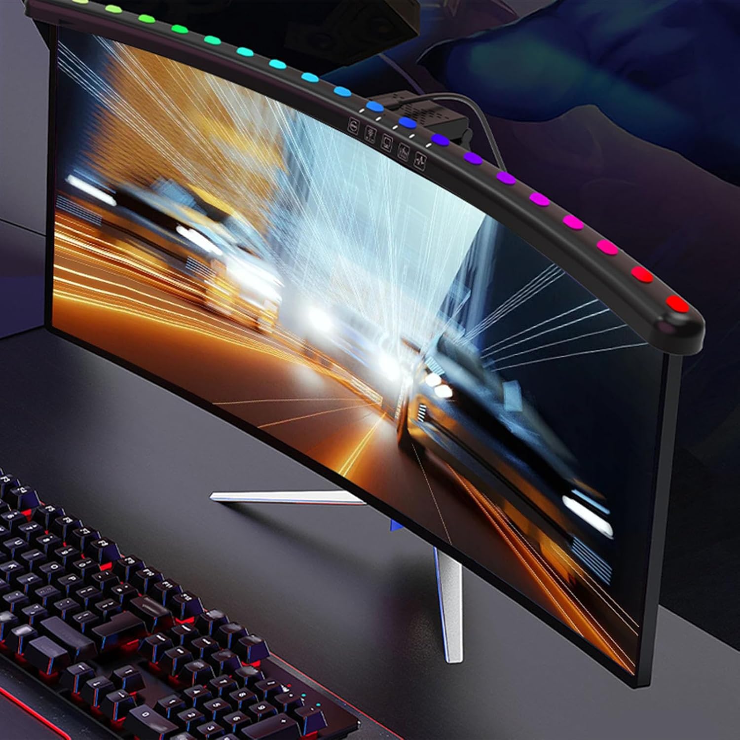 2 In 1 RGB Monitor Light Bar, Curved Computer Monitor Lamp Bar, Dual Light Source with Voice Activated Musical Rhythm, Eye Caring Screen Light Bar for Office Gaming Desk